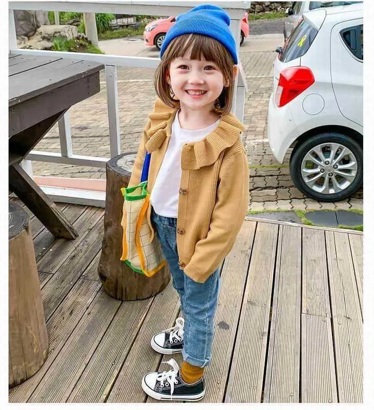 Flicka cardigan toddler tröja stickning ull mode kronblad krage barn kappa kläder Al002 210610