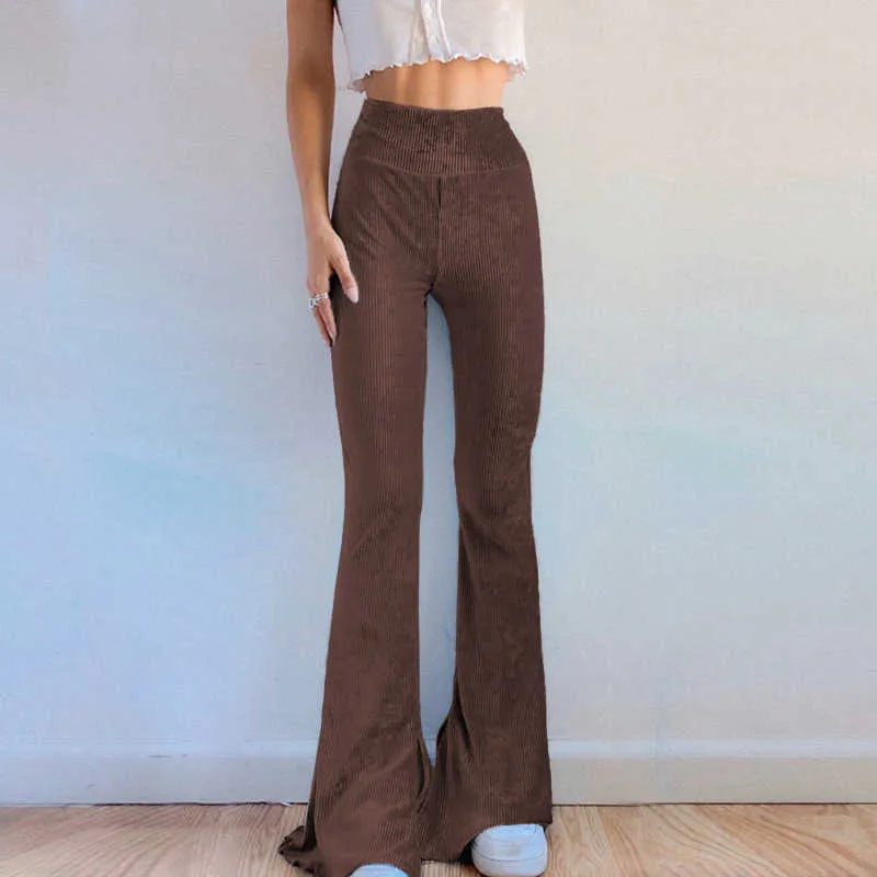 Y2K Vintage Solid High Waist Flare Pants Women Pink Brown Fashion Casual Corduroy Trousers Women Elegant Elastic Streetwear 2021 Q0801