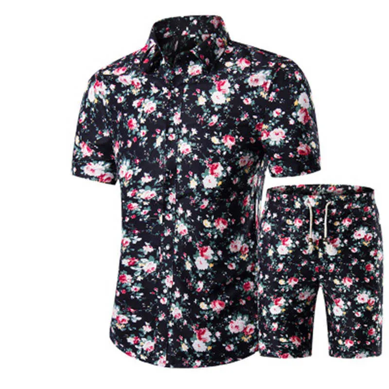 Estate Tuta hawaiana da uomo Moda casual Stampa floreale Camicie + Pantaloncini Set da uomo 2 pezzi Set Abiti da spiaggia Uomo Abbigliamento cool 210714