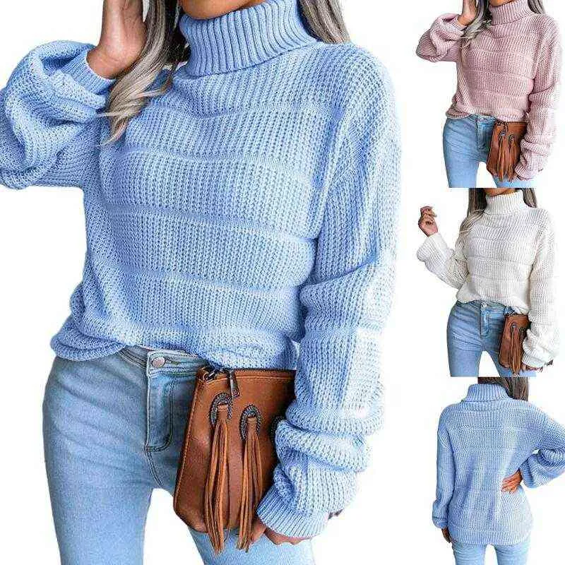 Autumn Winter Women Slim Knitted Sweater Tops High Neck Long Warm Baggy Chunky Pullovers Outwear Y1110