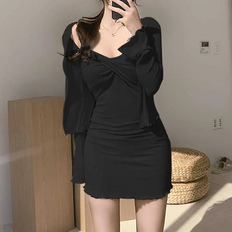 WOMENGAGA Romantische Rüschen Langarm Strickjacke Zweiteilige Frauen Koreanische Slim Sling Mini Sexy Kleid Für Frauen SSGY 210603