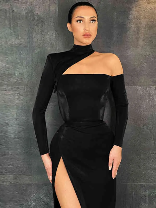 Adyce Elegant Women Evening Maxi Dress 2022 New Sexy Long Sleeve Hollow Out High Split Celebrity Fashion Club Party Dress Outfit Y220214