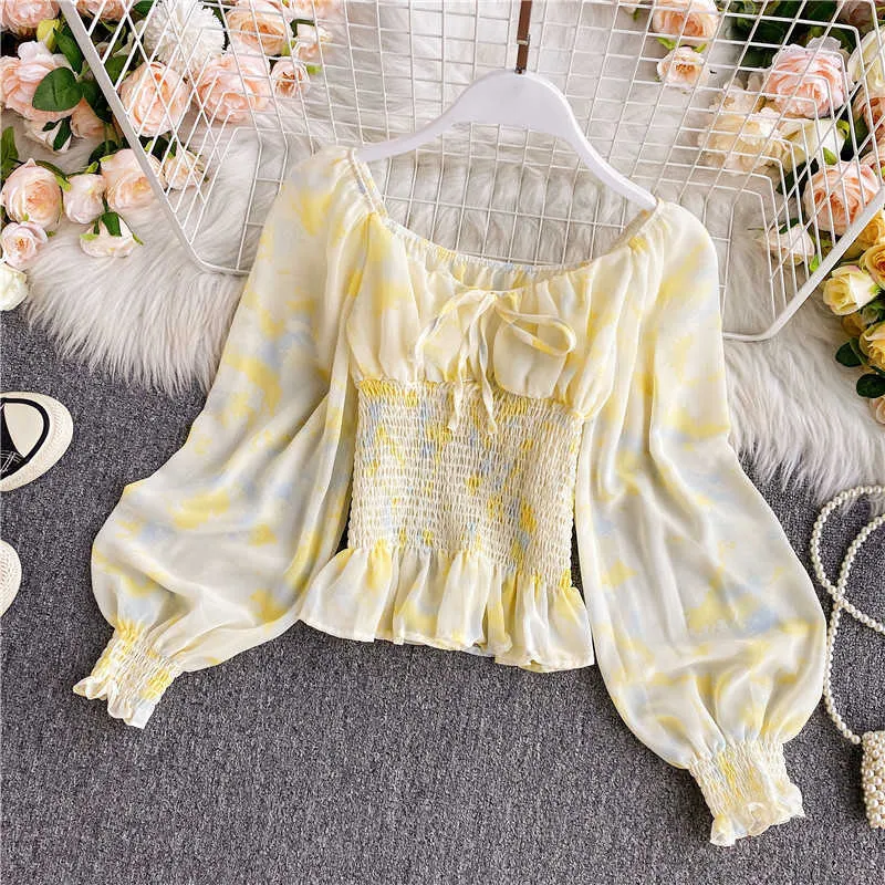 LY VAREY LIN Autumn Women Sweet Print Shirts Puff Sleeve V Neck Lace Up Smocked Ruffled Hem Blouses Candy Color Tops 210526