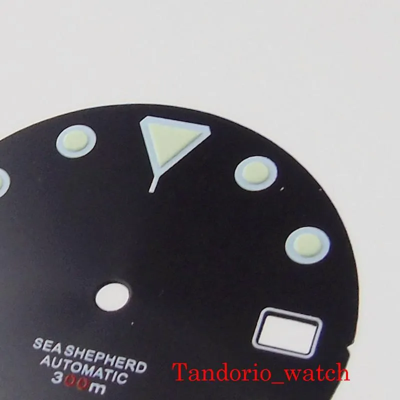 Reparationsverktygssatser 29mm svartgrön blå steril sunburst klocka Dial Green Luminous Fit Crown vid 3 4 0'Clock -delar för NH35A244O