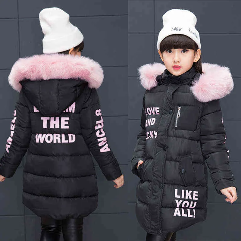 3-12t Flickor 'Coat Big Fur Collar Hooded Jacket Vinter Tjock Varm Bomull Mid-Long Down Girls Quilted 211027