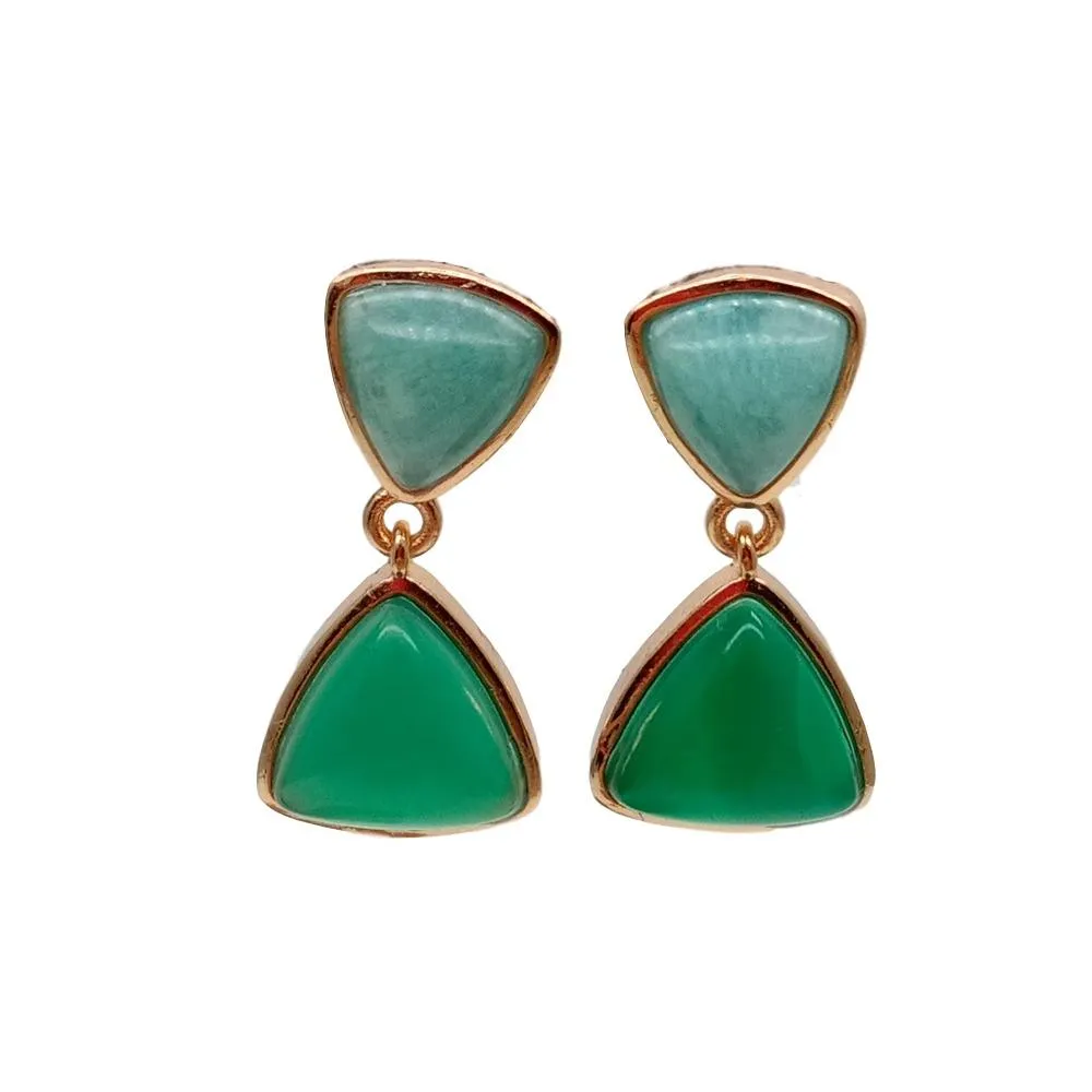 YYGEM Natural Triangle Green agate Amazonite Bezel Set Gold Filled Stud Earrings vintage trendy for women