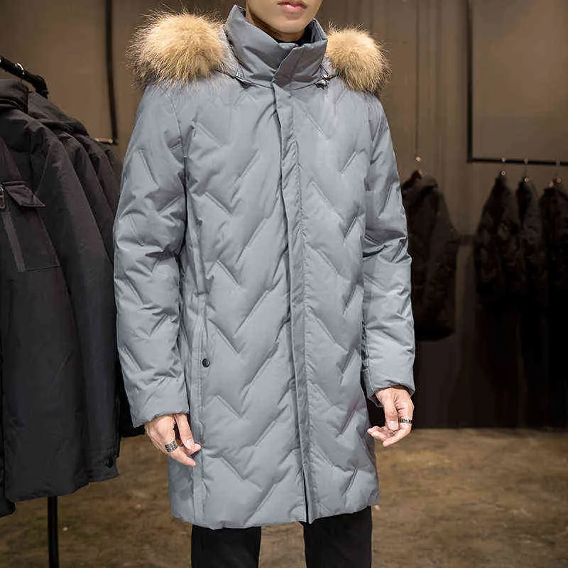 90% duvet de canard blanc rembourré hommes hiver chaud veste 2021 nouvelle fourrure à capuche coupe-vent Outwear noir gris épaissir longs manteaux Y1103