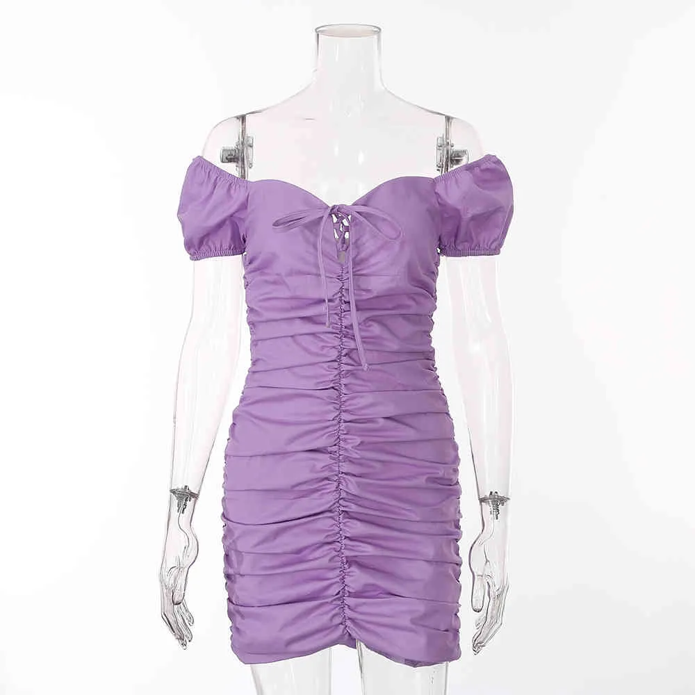 Women's Purple Bowknot Sleeve Mini Dress Deep V-neck Lace Up Ruched Sexy Elastic Tight Dresses Party Night Wear Summer 210517