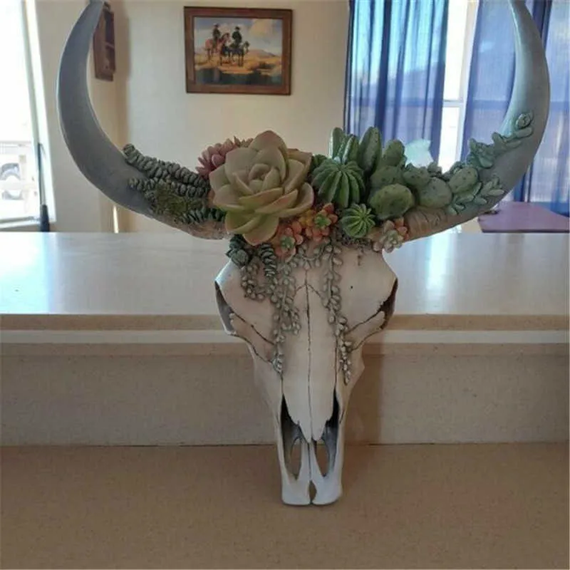 SUCCULENT FLEUR VACHE CRÂNE DÉCOR MURAL PÉPINIÈRE Fleurs Ornements De Jardin Tête De Taureau Résine Décoration Pendentif Décoration Murale Artisanat 210727