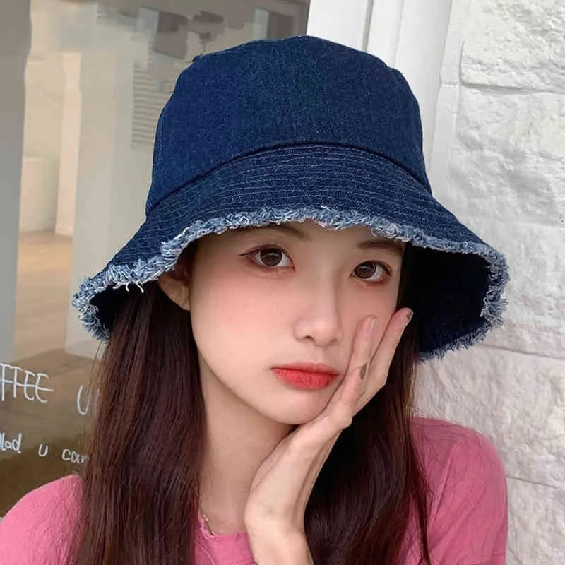 Women Denim Bucket Hats Foldable Fisherman Washed Flat Bucket Hat Outdoor Beach Sunhat Cap 3+M6013# Y220301