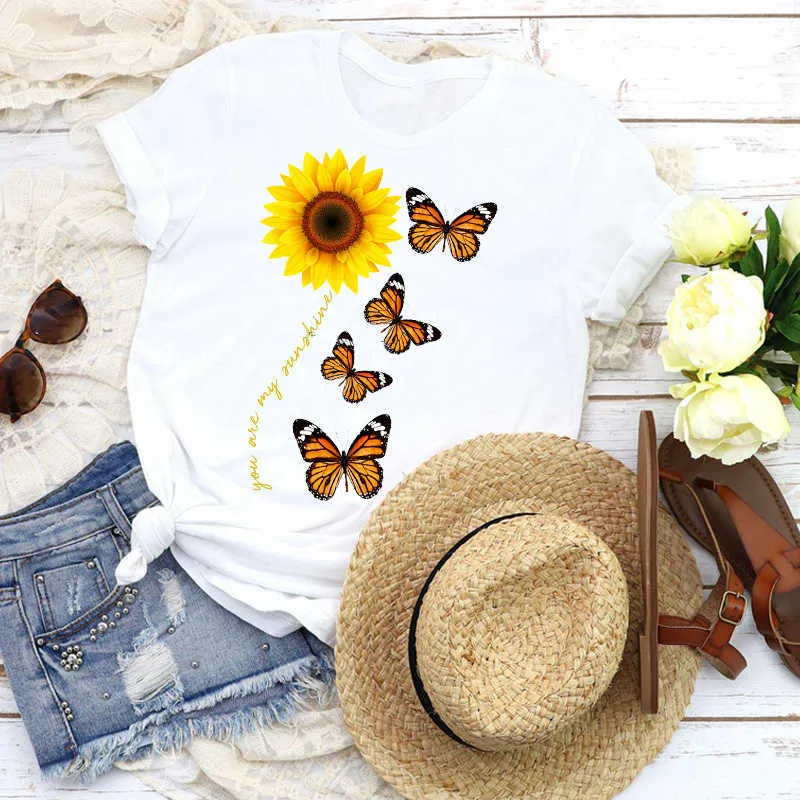 Women Graphic Sunflower Butterfly Cartoon Floral Fashion Girl Lady Tees Print Tops T Shirt Clothing Female Shirt Womens T-Shirt X0527