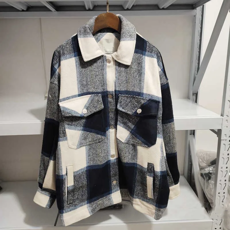 fashion plaid shirts jacket women coat casual thick oversize outwear korean elegant za 211014