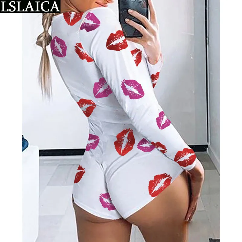 Women jumpsuit long sleeve button decorated sexy bodysuit women Low Cut Print Lounge Romper slim casual 210515