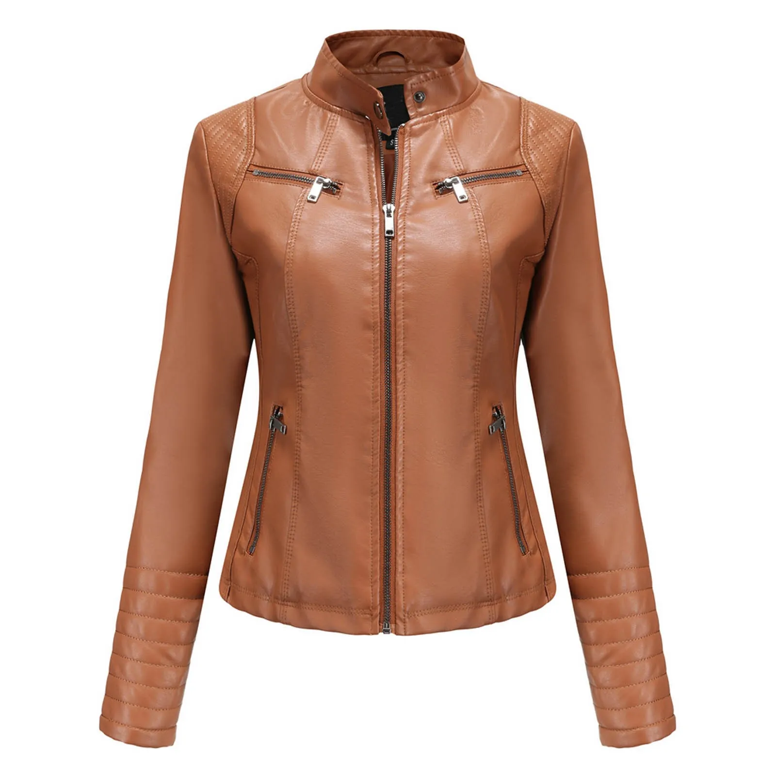 Mode Frauen Solide Farben Slim-Fit Langarm Leder Stehkragen Zipper Motorrad Anzug Dünne Mantel Jacke Oberbekleidung # g3