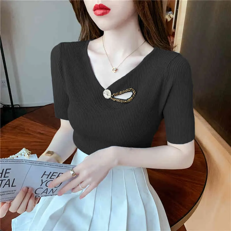 Slim Studded Short-Sleeved Sweater Women's Solid Färg Hedging Bottoming T-shirt Sommar Koreansk Mode Kläder 210520