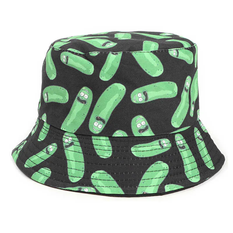 2021 New Pickle Rick Cotton New Bucket Hat Rick Fishing Cap US 애니메이션면 인쇄 피셔 인 밥 모자 태양 낚시 부니 모자 Q0805218T