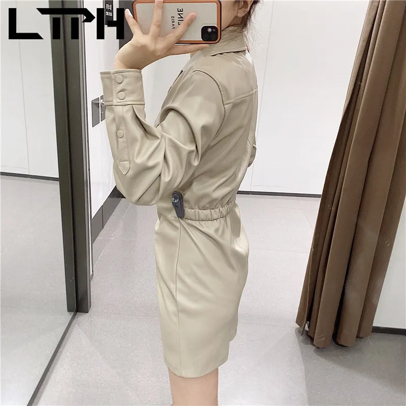 Le donne in pelle PU tinta unita casual stile OL vestono manica lunga Pacchetto Hip Bow Bandage abiti eleganti Primavera Autunno 210427