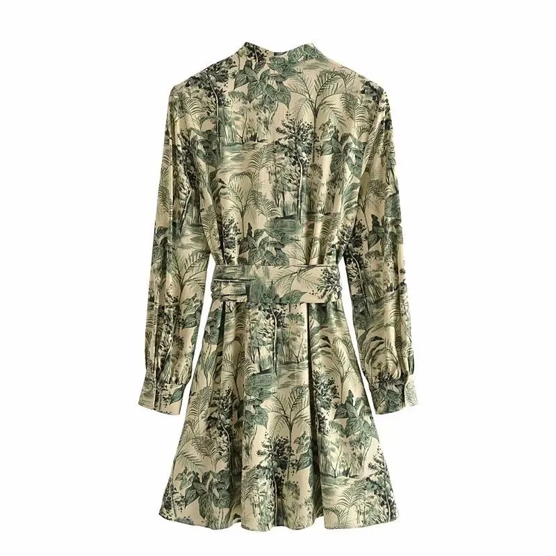 Dresses Green Print T Shirt Mini Women Summer Retro Button Up Woman Long Sleeve Going Out Vestidos Bow Belt 210430