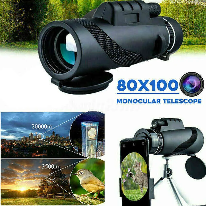80X100 HD Puissant Télescope Monoculaire Téléphone Caméra Zoom Starscope Trépied Télescope Clip De Téléphone Pour Camping En Plein Air Accessoires 211229
