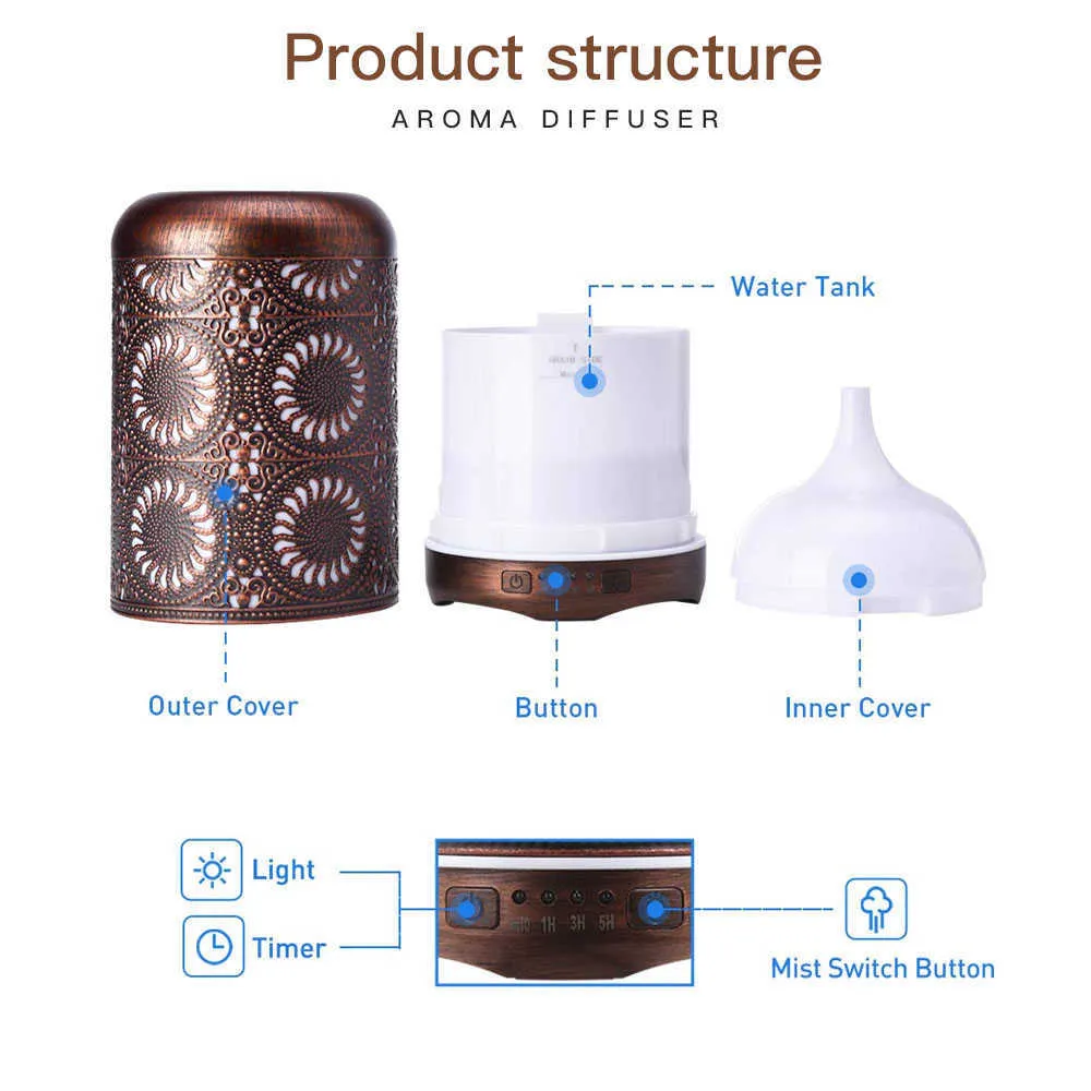 HOMPP Red Bronze Metal Air Nawilżacz Aromaterapia Essential Oil Diffuser Mist Maker 7 Kolor Light Change Lampa do Home Office 210724