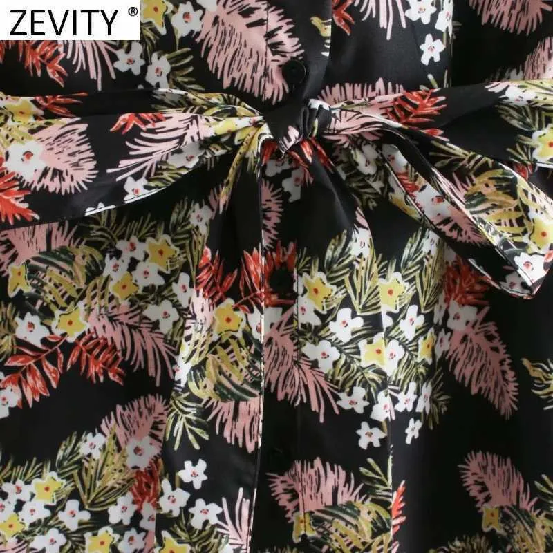 Zevity Femmes Vintage Feuilles Imprimer Bow Ceintures Midi Chemise Robe Femme Chic Turn Down Col Casual Slim Robe DS4946 210603