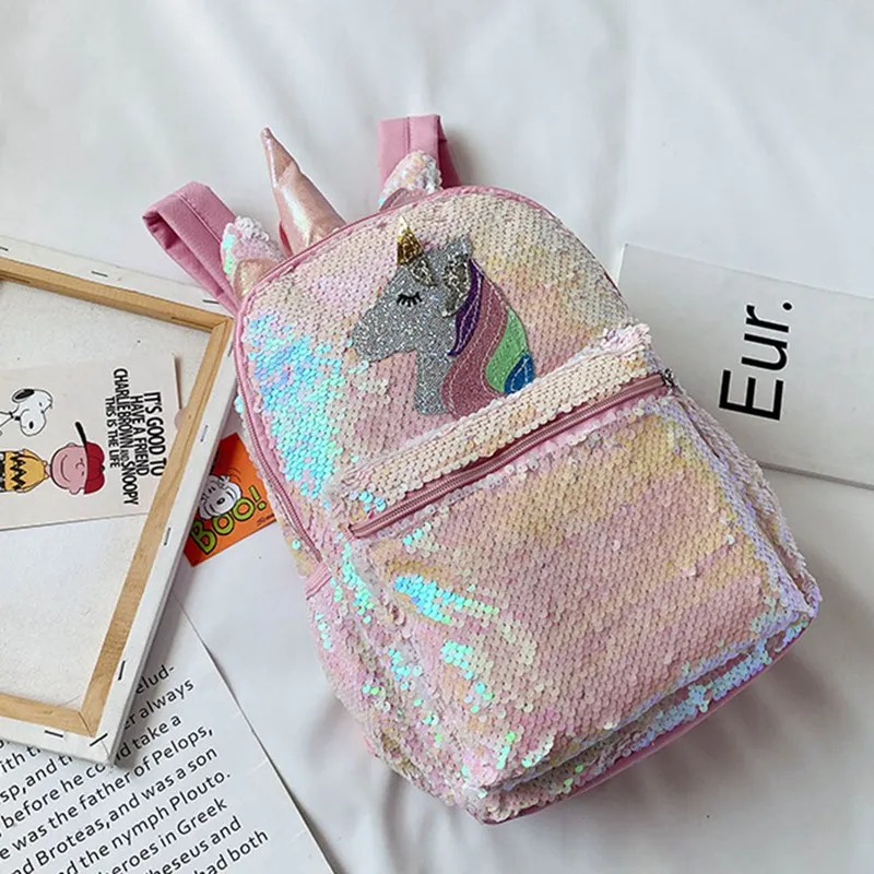 Zaino unisex Cartoon Unicorn Sequin School Bookbag borsa da viaggio a doppia spalla riporre libri di grande capacità