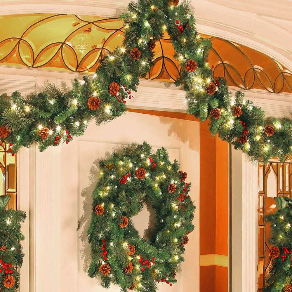1.8 / 2.7m緑のクリスマスPVCの籐の花輪の装飾的な人工的なクリスマスの暖炉の暖炉の装飾211018
