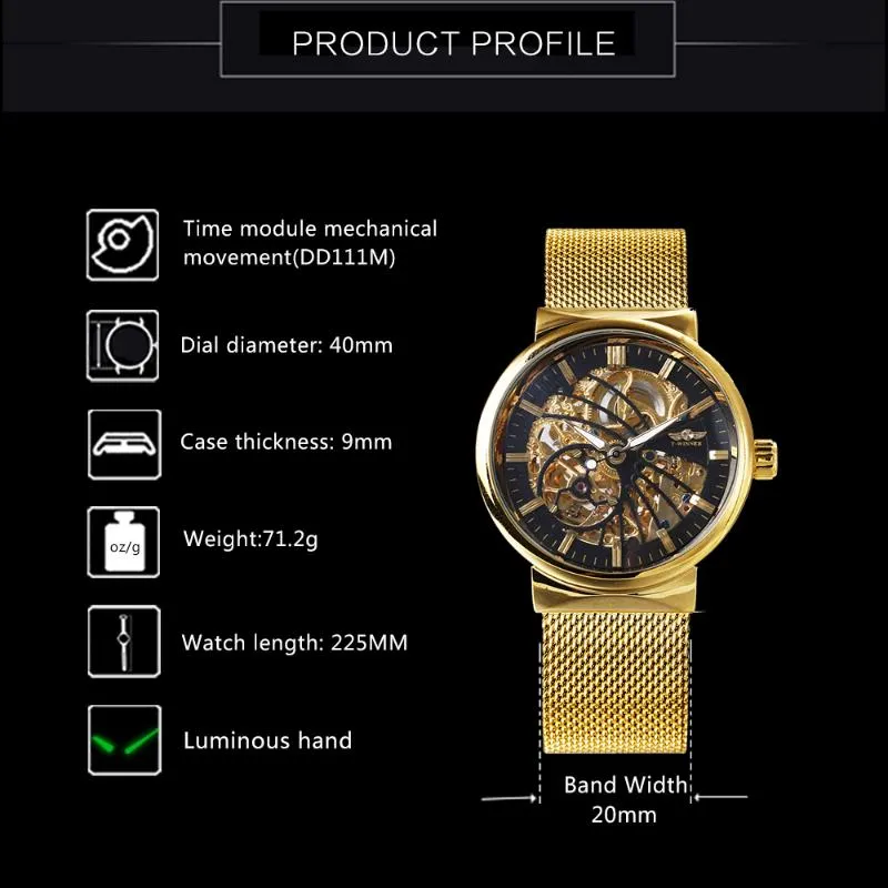 Ultra cienki automatyczny zegarek mechaniczny Męski Złoty Ptak Wzór Wzór Pasek Mesh Szkielet na rękę
