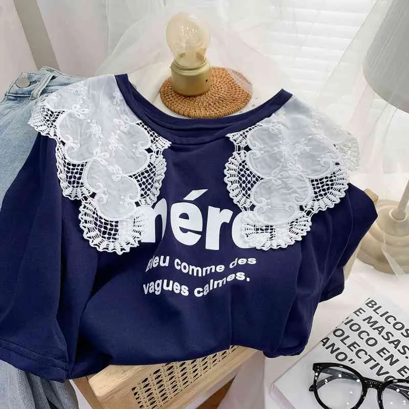 Kimutomo Sweet Letter Print T-shirt Koronki Haft Peter Pan Collar Krótki Rękaw Ubrania Kobiet Summer Koreańczycy Korzyści Topy 210521