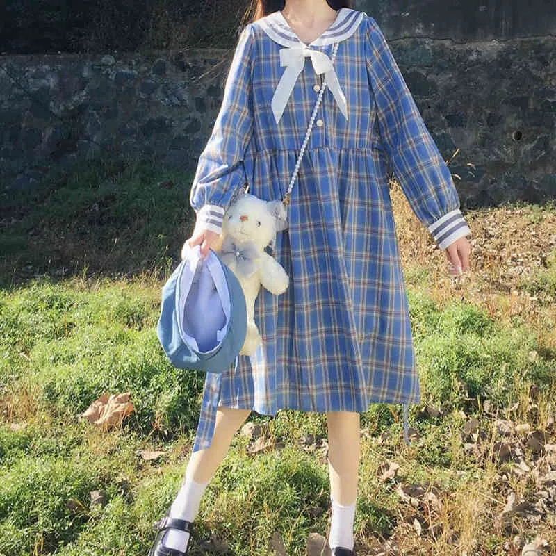 ربيع الخريف المرأة اللباس النمط الياباني فضفاض bowknot منقوشة طويلة الأكمام ضئيلة أنثى ES LL808 210506