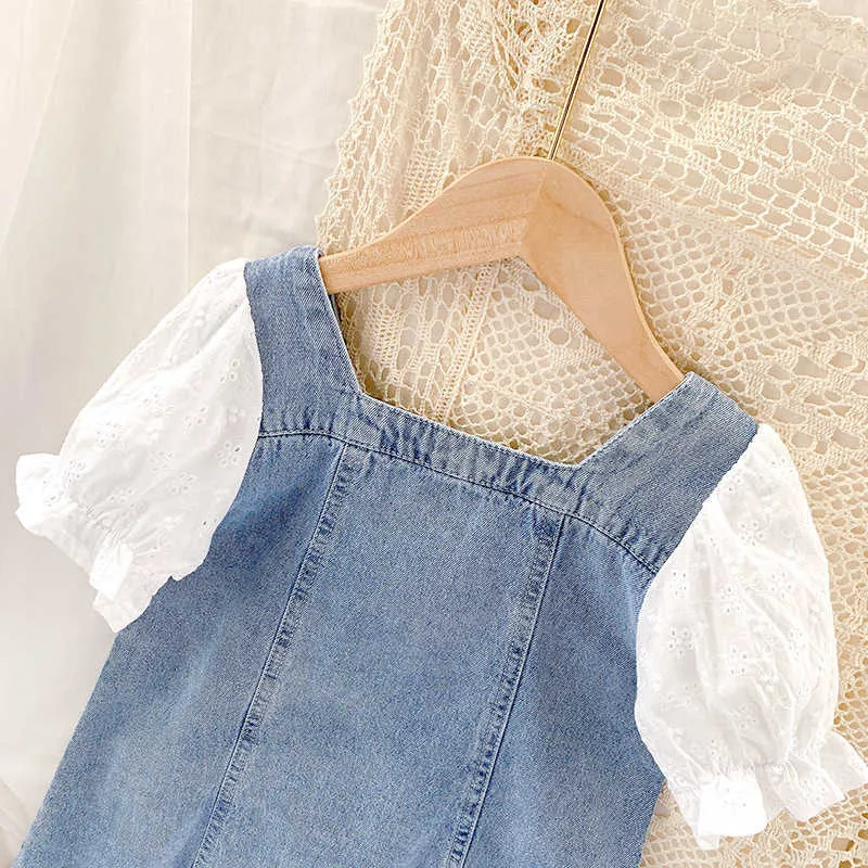 Mode Baby Mädchen Jean Spitze Gepatcht Kleid Puff Sleeve Infant Kleinkind Mädchen Sommer Denim Vestido Baby Kleidung 1-10Y Q0716