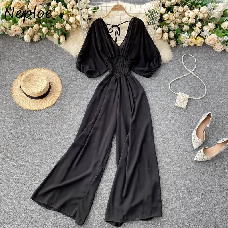 NEPLOE V-hals Bladerdeeg Korte Mouw Jumpsuits Vrouwen Hoge Taille Heup Wide Leg Bodysuits Zomer Vakantie Solide Playsuits 210510