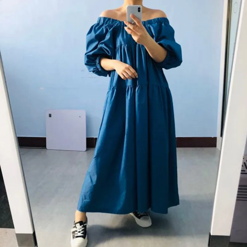 [EAM] Women Blue Brief Long Big Size Denim Dress Round Neck Half Sleeve Loose Fit Fashion Spring Summer 1U749 21512