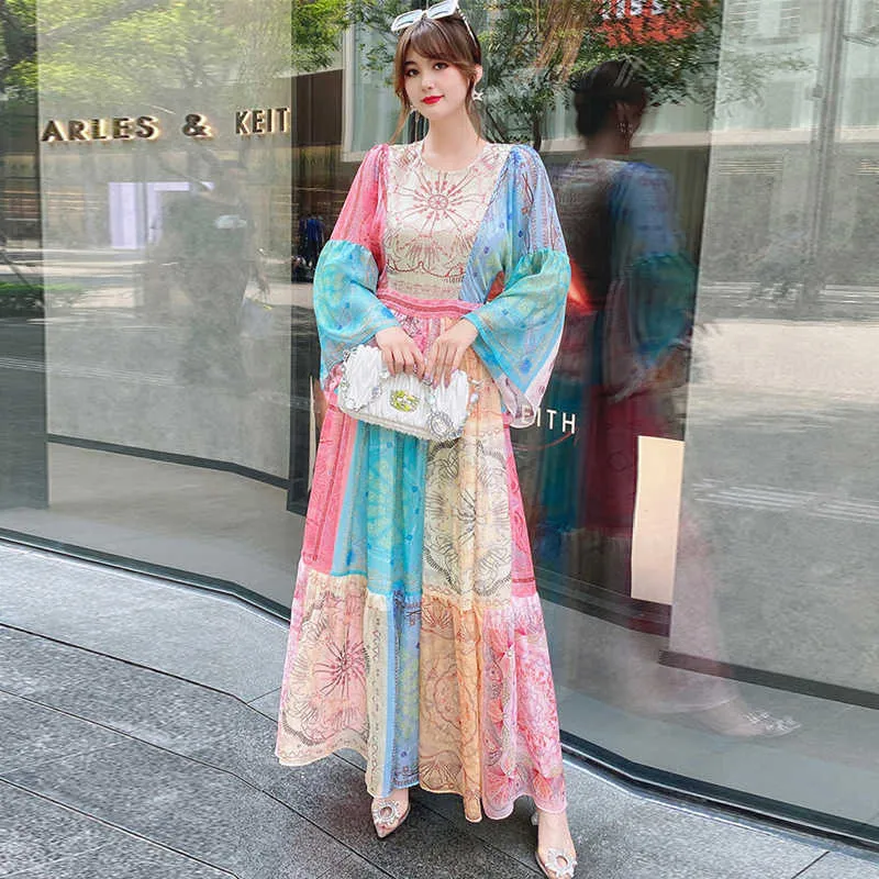 High Quality Women Fashion Color Block Print Runway Long Maxi Dress Summer Designer Elegant Party Robe Holiday Vintage Vestidos 210601