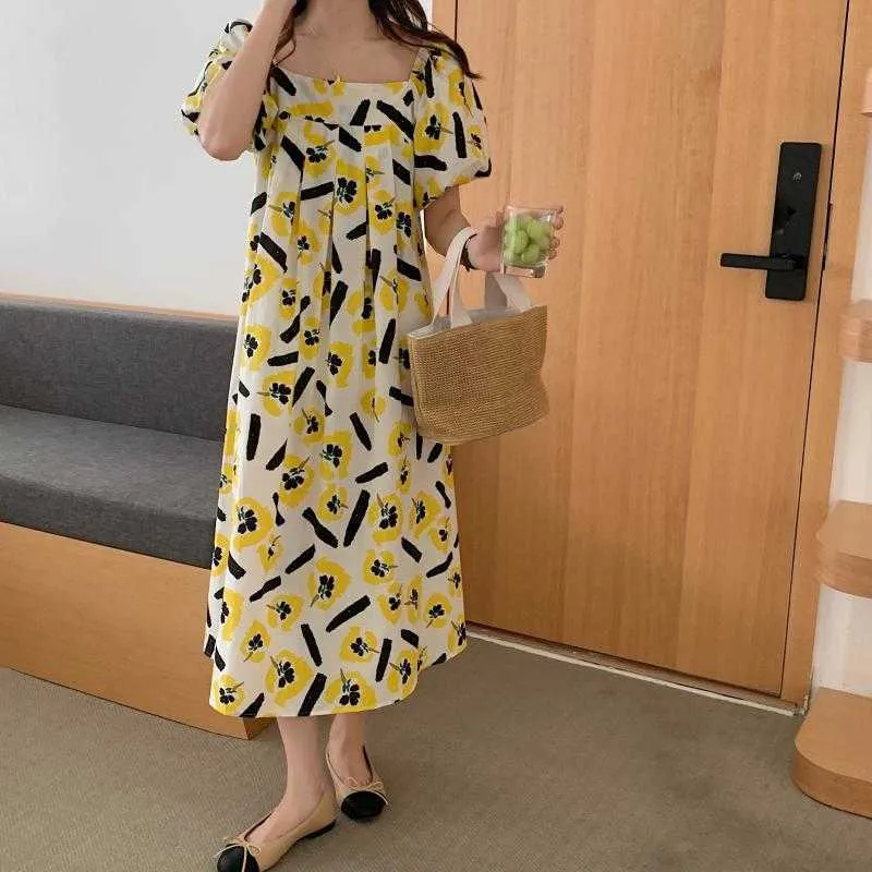 Coreano elegante femme allentato oversize tutto fiammifero fiori stampa casual chic abiti lunghi dolci abiti 210525