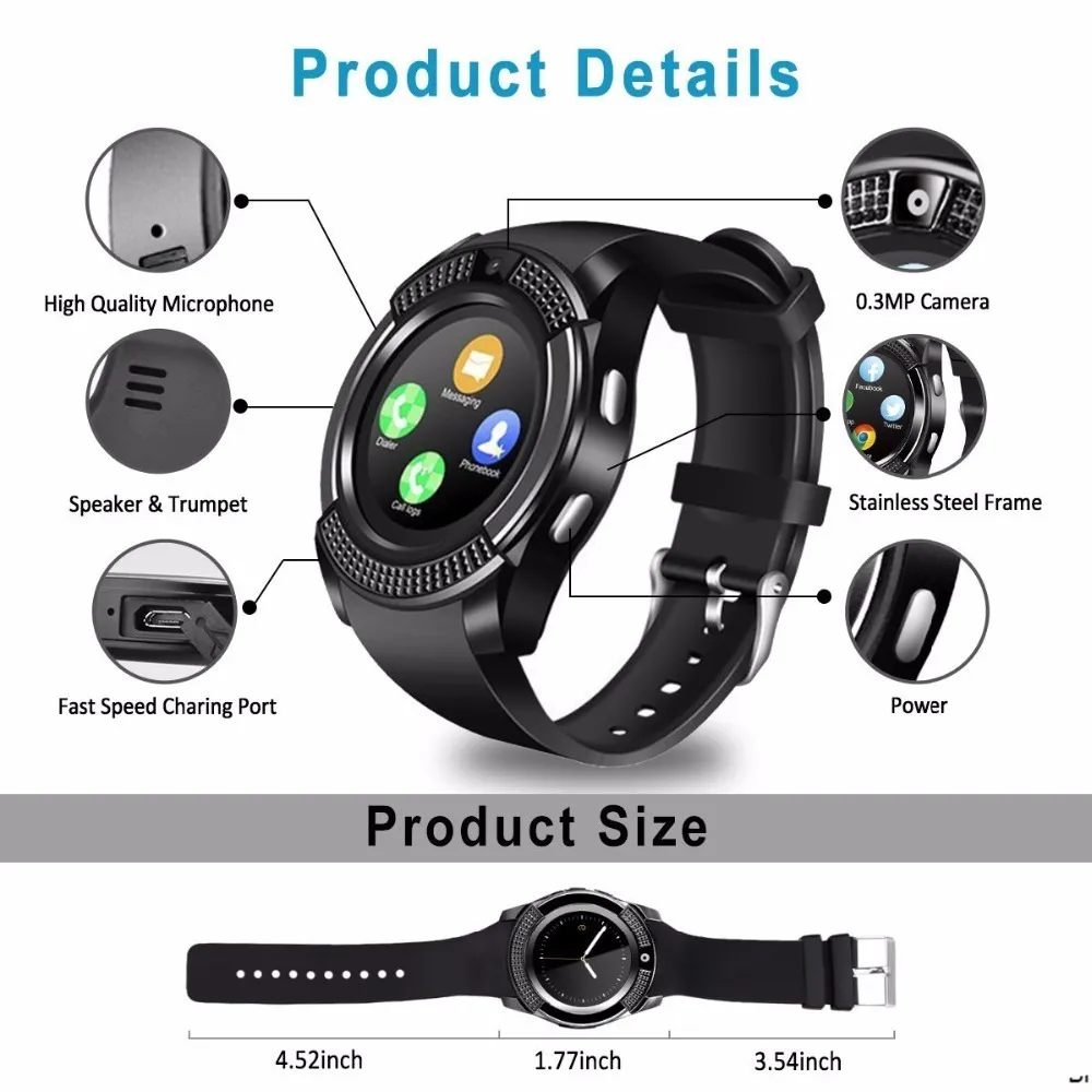 V8 MEN039S Sports Mesdames Smart Watch avec caméra SIM Card Slot adapté à Android Information Rappel9793431