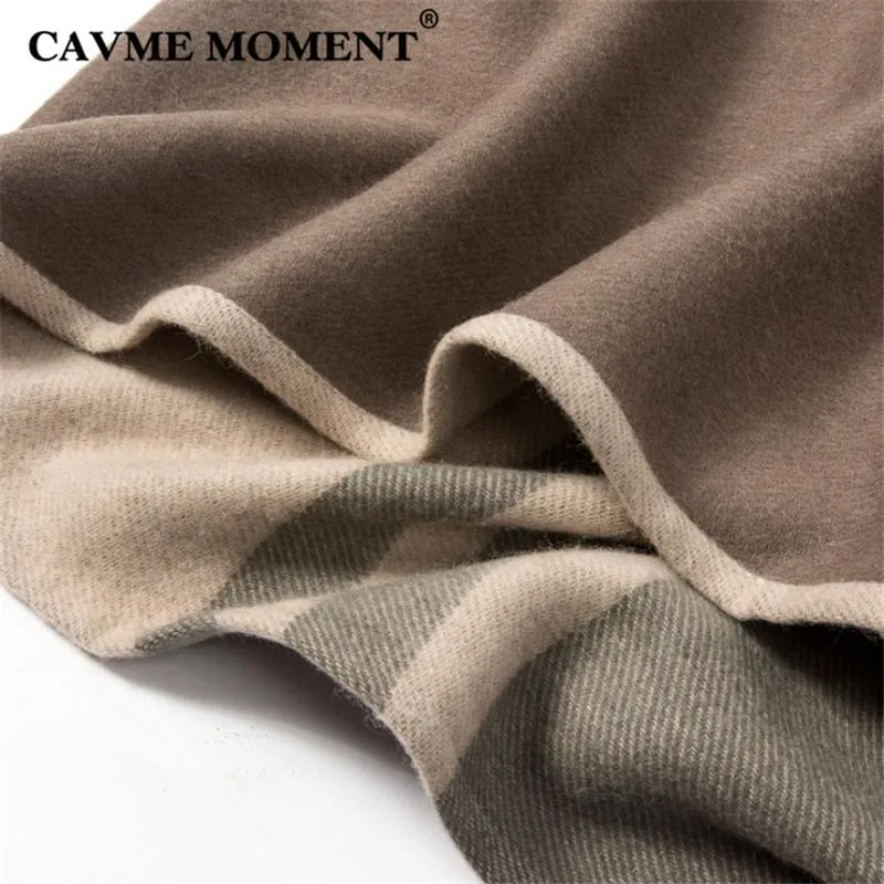 Écharpes CAVME Poncho de laine à capuche avec des glands pour femmes dames châles en couleur café beige hiver chaud 100% laine rayée enveloppes 330g