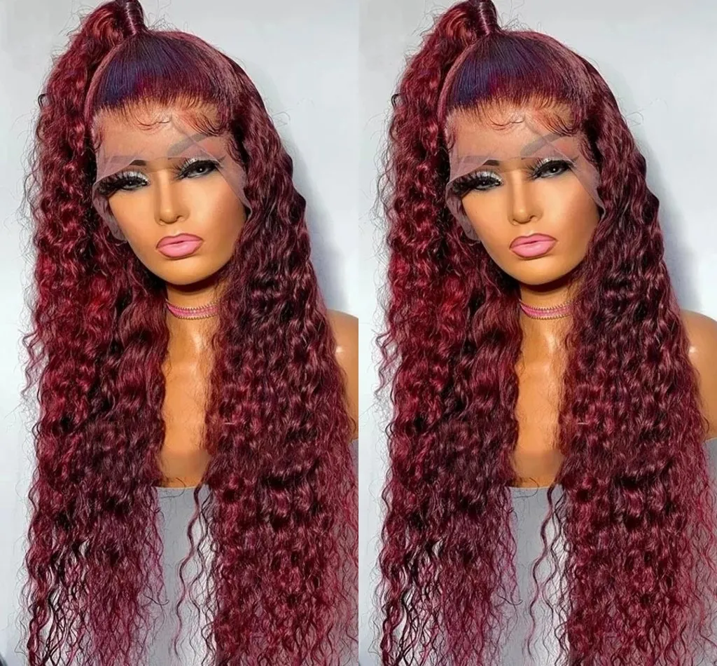 Curly Human Hair Wigs Wine Red Brazilian Remy Deep Wave Full Lace Front Synthetic Wig 180% Pre Plucked