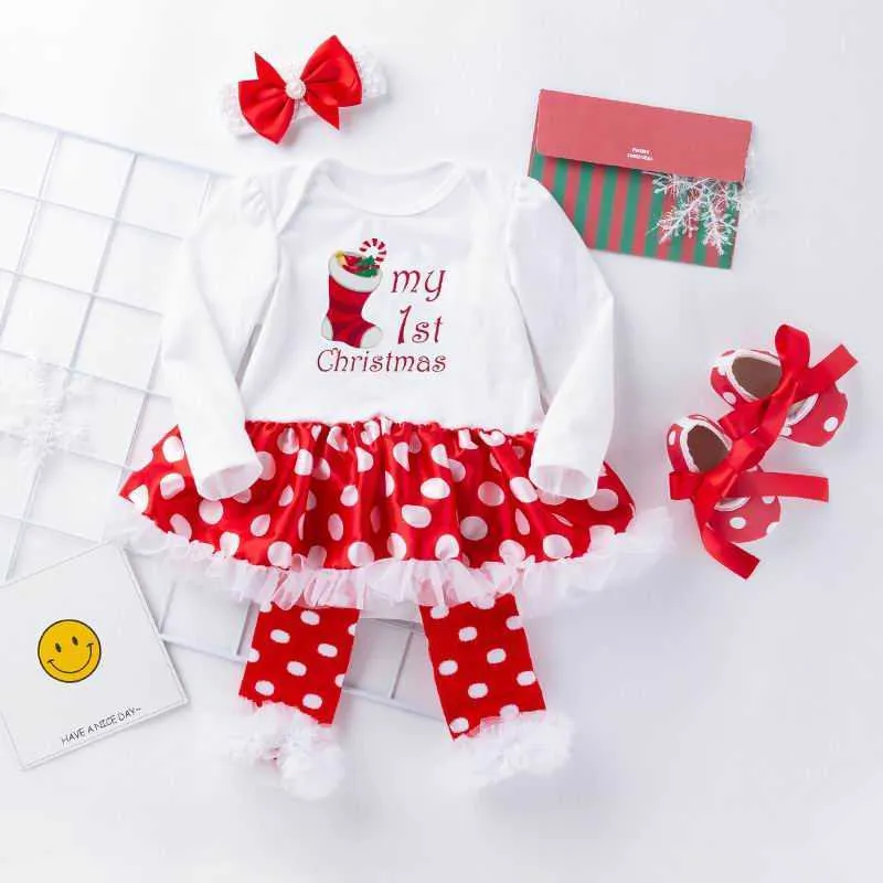 Baby Girl Christmas Sets Dress Bodysuit+Socks +Shoes+Headband Polka Dot Cotton Outfits born Clothes YK016 210610