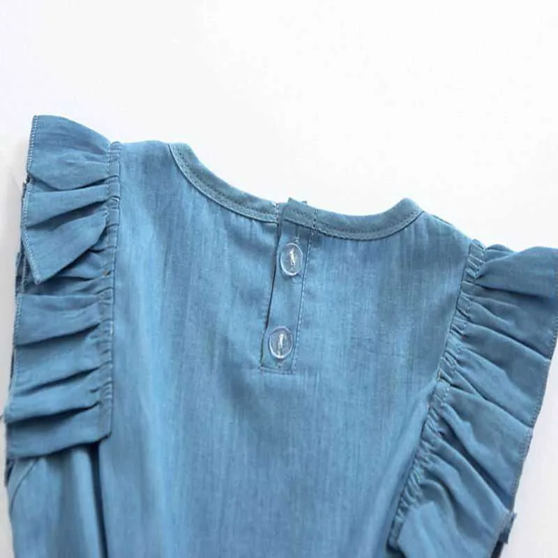 Детские платья для девочек Симпатичные лук блестки в горошек джинсовые джинсовые без рукавов летнее платье одежда E21938 210610