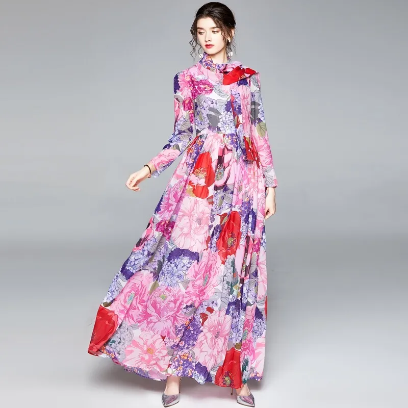 Floral Print Handgelenk Sleevel Lange Maxi Boho Kleid Dame Rote Blume Chiffon Luxus Dreeses Casual vestido de mulher 210421