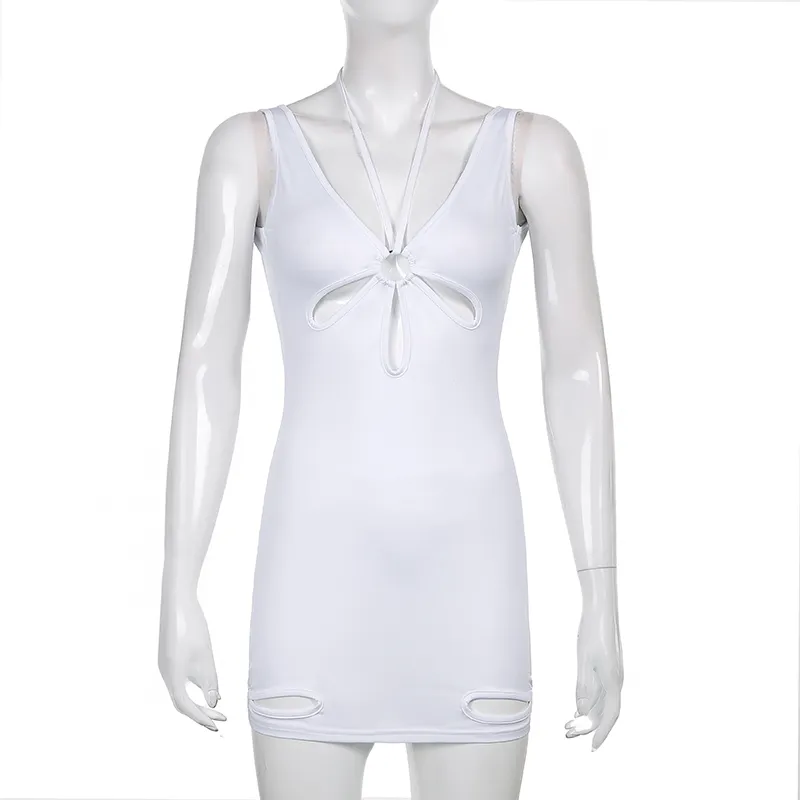 Hollw Out Summer Y2k Halter Robes Sexy Femmes Sans Manches Moulante Casual Skinny Short Party Mini Tank Dress Blanc Beachwear 210510