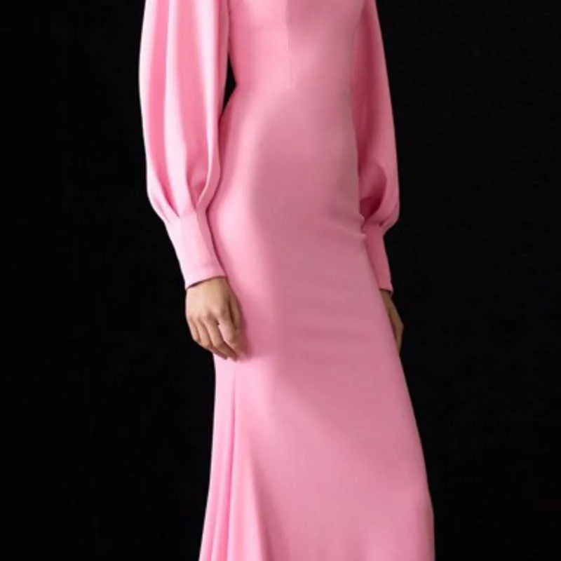 [Deat] lente mode ronde hals hoge taille vloer lengte lange mouw roze elegante jurk vrouwen kwaliteit 13c781 210527