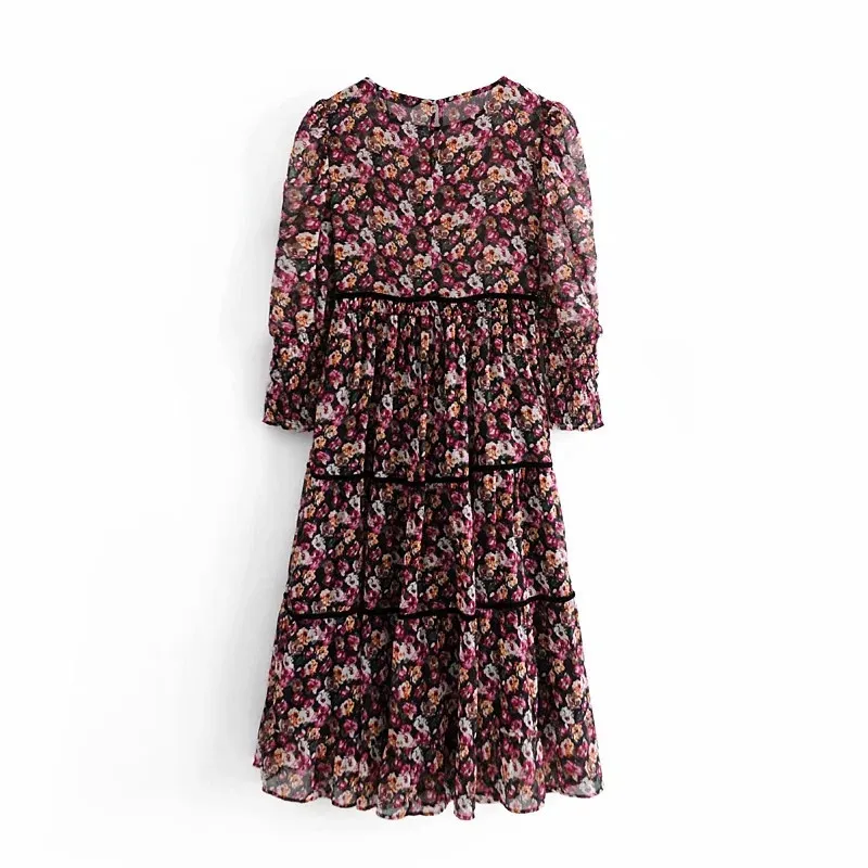 Floral Print Midi Dress Women Vintage Contrast Velvet Bands Ruffle Chiffon Long Sleeve es Ladies Party 210519