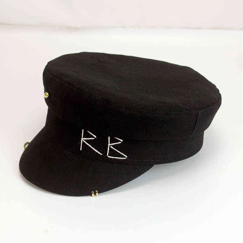 Simple Embroidery RB Hat Women Men Street Fashion Style sboy Hats Black Berets Flat Top Caps Drop Ship Cap 211227