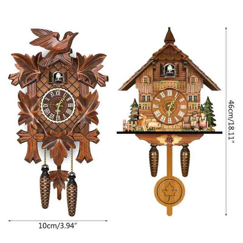 Horloge murale en bois coucou Antique pendule suspendu artisanat balançoire alarme montre maison chambre décoration H1230