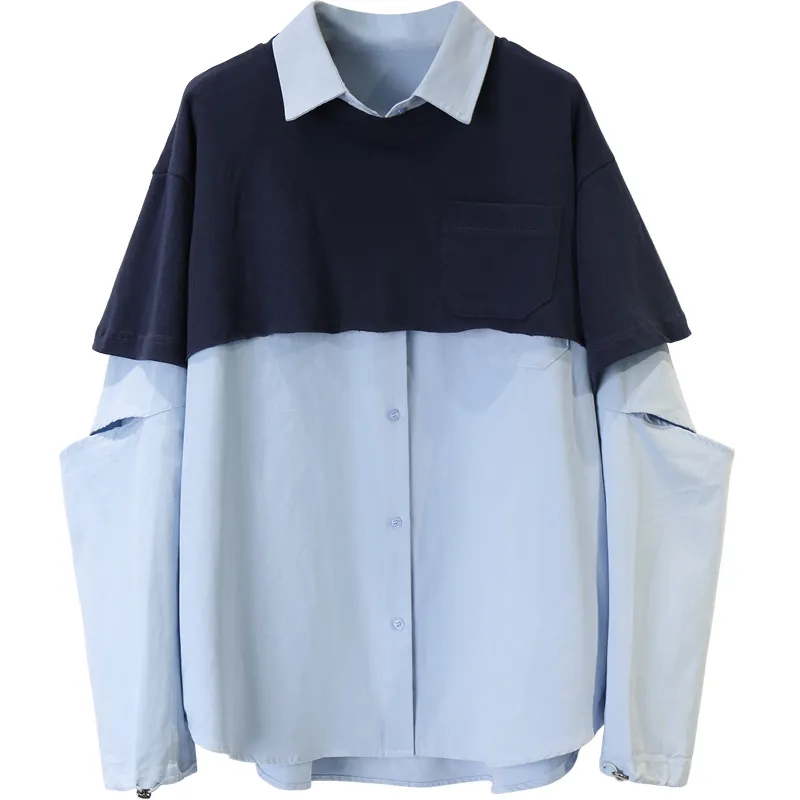 SHENGPALE Camicia a due pezzi medio lunga da donna Autunno blu risvolto manica monopetto camicetta da strada fritta moda 5A538 210427