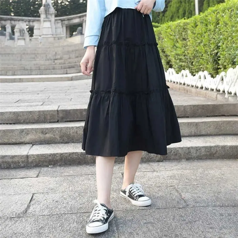 Faldas plisadas con volantes blancos de gasa para mujer, faldas largas de cintura alta de Color sólido de verano, ropa salvaje negra coreana Vintage Harajuku 210619