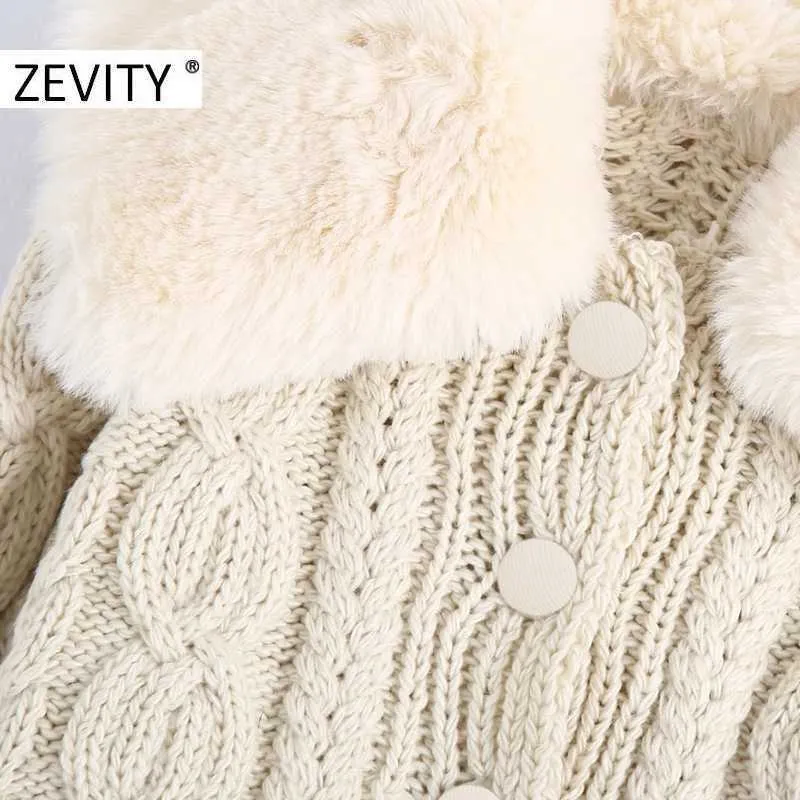 Zevity Women Fashion Faux Fur Collar Patchwork Knitting Casual sweter Femme Chic Twist Crochet Krótkie Kardigan Topy S457 210603