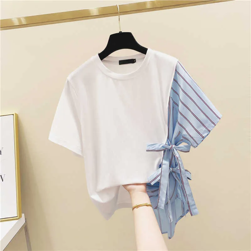 Koszulka z krótkim rękawem Kobiety Lato Korean-Style Wild Cotton Moda Damska Koszulki Paski Odzież 210615